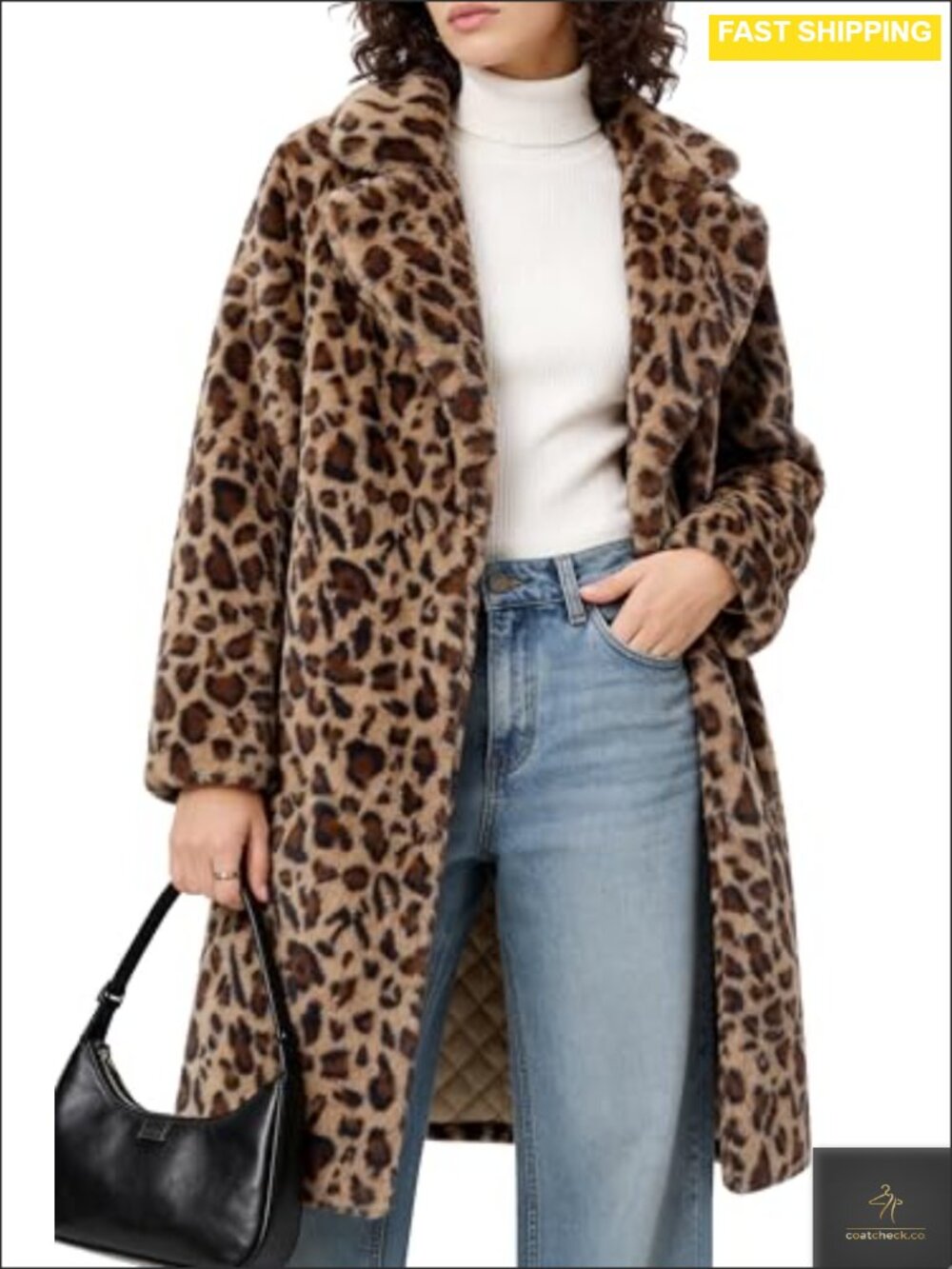 Womens Faux Fur Coat Fuzzy Fleece Lapel Collar Longline Jacket